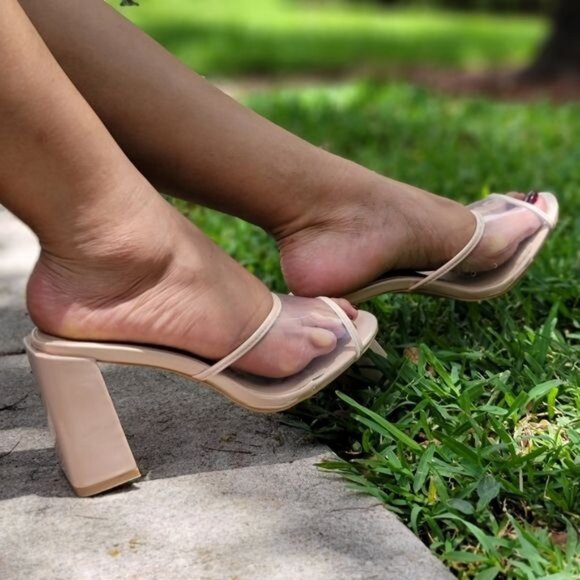 Clear Chunky Block Mid Heel Mule Sandals Nude Color - Picture 2 of 8